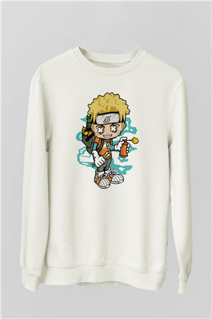 Naruto Bomber Baskılı Unisex Beyaz Sweatshirt