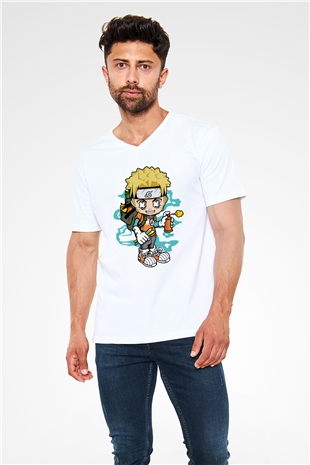 Naruto Bomber Baskılı Unisex Beyaz V Yaka Tişört