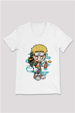 Naruto Bomber Baskılı Unisex Beyaz V Yaka Tişört