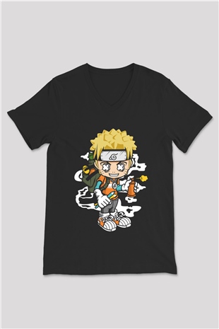 Naruto Bomber Baskılı Unisex Siyah V Yaka Tişört