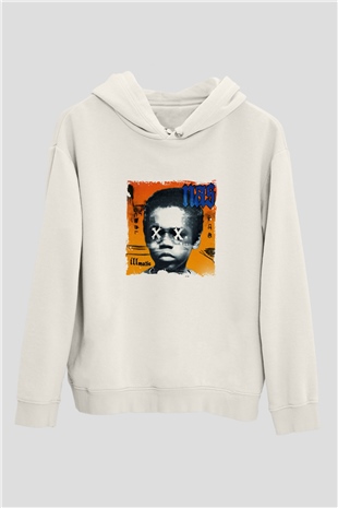 Nas Baskılı Unisex Beyaz Kapüşonlu Sweatshirt