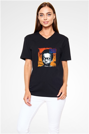 Nas Baskılı Unisex Siyah V Yaka Tişört