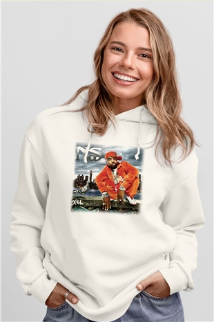 Nas Beyaz Unisex Kapşonlu Sweatshirt