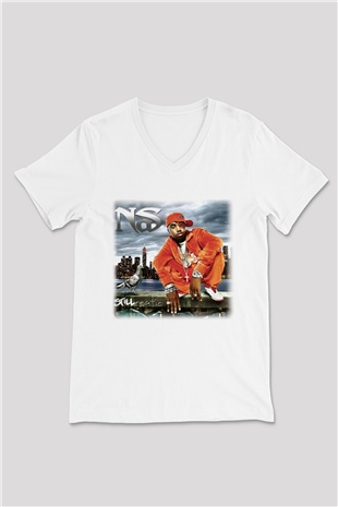 Nas Beyaz Unisex V Yaka Tişört T-Shirt