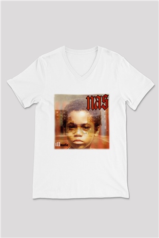 Nas Beyaz Unisex V Yaka Tişört T-Shirt
