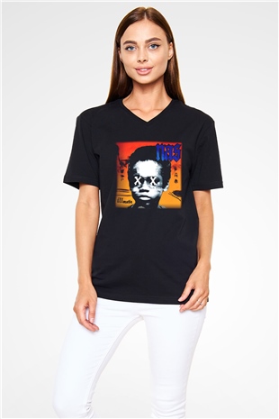 Nas Siyah Unisex V Yaka Tişört T-Shirt