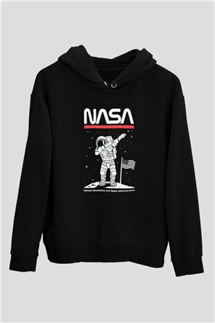 Nasa Asntonot Aya Ayak Basma Baskılı Unisex Siyah Hoodie
