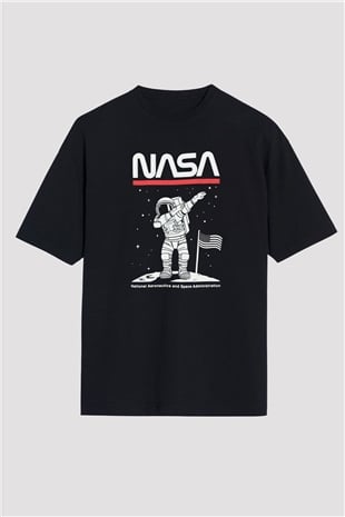 Nasa Asntonot Aya Ayak Basma Baskılı Unisex Siyah Oversize Tişört