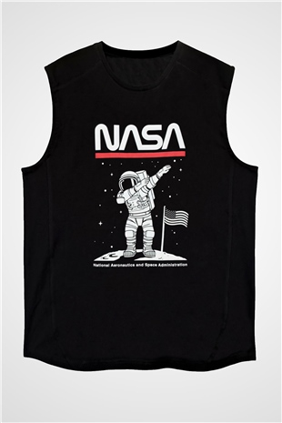 Nasa Asntonot Aya Ayak Basma Baskılı Unisex Siyah Kolsuz Tişört