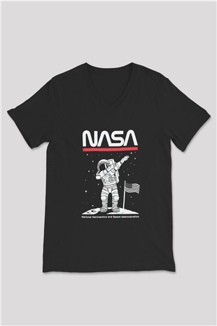Nasa Asntonot Aya Ayak Basma Baskılı Unisex Siyah V Yaka Tişört