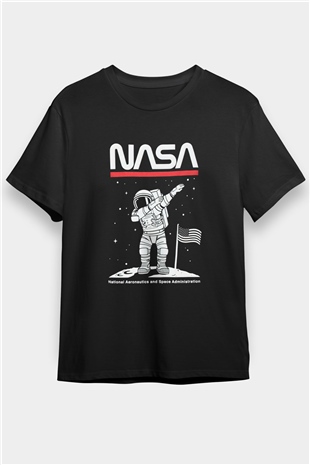 Nasa Asntonot Aya Ayak Basma Baskılı Unisex Siyah Tişört