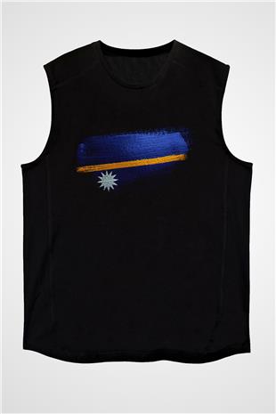 Nauru Bayrağı Baskılı Unisex Siyah Kolsuz Tişört
