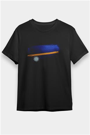 Nauru Bayrağı Baskılı Unisex Siyah Tişört