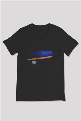 Nauru Bayrağı Baskılı Unisex Siyah V Yaka Tişört