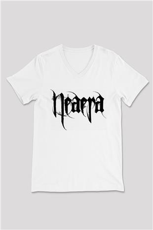 Neaera Baskılı Beyaz Unisex V Yaka Tişört - Tshirt