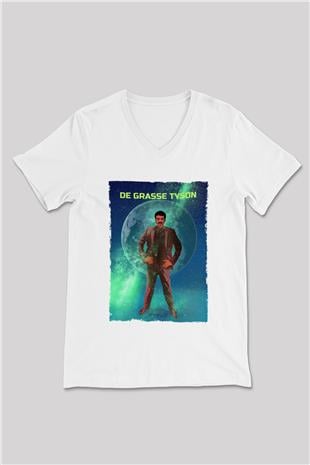 Neil De Grasse Tyson Baskılı Unisex V Yaka Beyaz Tişört - Tshirt