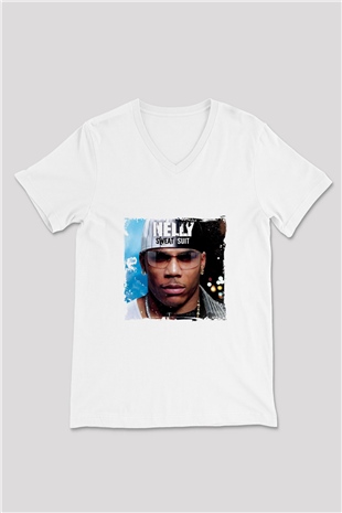 Nelly Baskılı Beyaz V Yaka Unisex Tişört