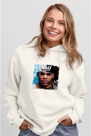 Nelly Baskılı Unisex Beyaz Kapüşonlu Sweatshirt