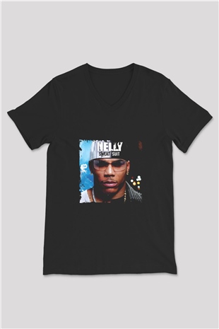 Nelly Baskılı Unisex Siyah V Yaka Tişört