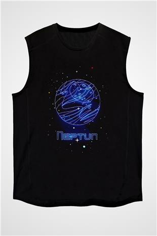 Neptün Çizim Baskılı Unisex Kolsuz Siyah Tişört - Tshirt