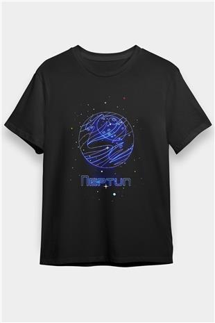 Neptün Çizim Baskılı Unisex Siyah Tişört - Tshirt