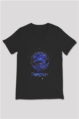 Neptün Çizim Baskılı Unisex V Yaka Siyah Tİşört - Tshirt