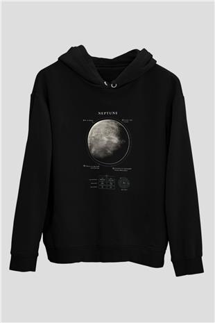 Neptün Fiziksel Özellikleri Baskılı Unisex Siyah Kapüşonlu Sweatshirt