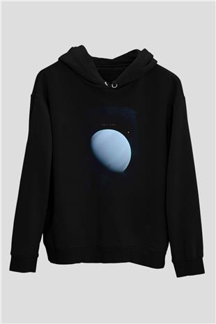Neptün Fotoğraf Baskılı Unisex Siyah Kapüşonlu Sweatshirt