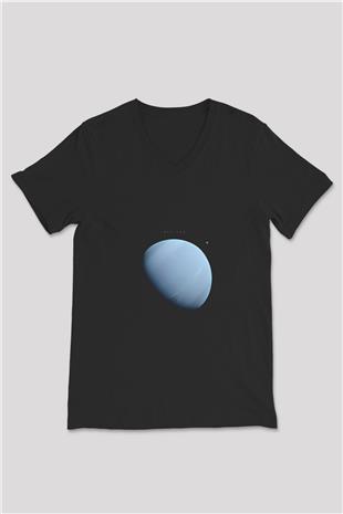 Neptün Fotoğraf Baskılı Unisex V Yaka Siyah Tİşört - Tshirt