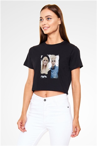 Nervo Baskılı Crop Top Siyah Kadın Tişört