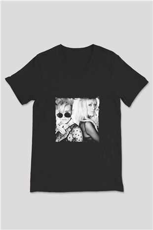Nervo Baskılı Unisex Siyah V Yaka Tişört