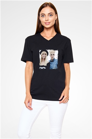 Nervo Baskılı Unisex Siyah V Yaka Tişört