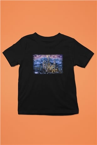 Neuschwanstein Şatosu Baskılı Siyah Unisex Çocuk Tişört