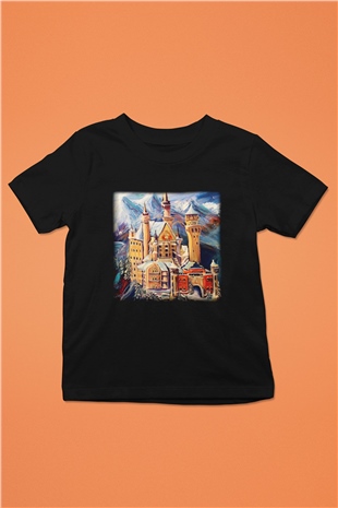 Neuschwanstein Şatosu Baskılı Siyah Unisex Çocuk Tişört