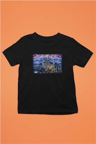 Neuschwanstein Şatosu Baskılı Siyah Unisex Çocuk Tişört
