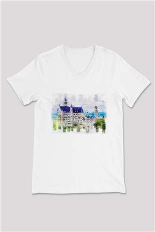 Neuschwanstein Şatosu Beyaz Unisex V Yaka Tişört