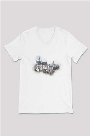 Neuschwanstein Şatosu Beyaz Unisex V Yaka Tişört
