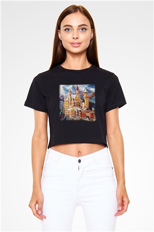 Neuschwanstein Şatosu Siyah Crop Top Tişört