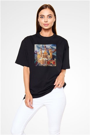 Neuschwanstein Şatosu Siyah Unisex Oversize Tişört T-Shirt