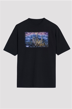 Neuschwanstein Şatosu Siyah Unisex Oversize Tişört T-Shirt