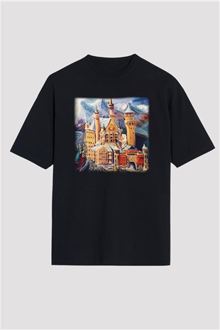Neuschwanstein Şatosu Siyah Unisex Oversize Tişört T-Shirt