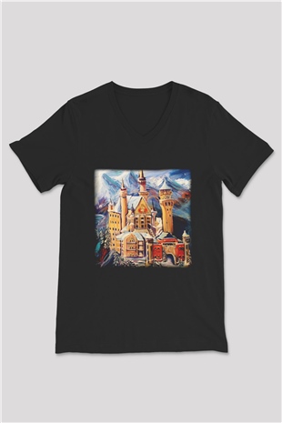 Neuschwanstein Şatosu Siyah Unisex V Yaka Tişört T-Shirt