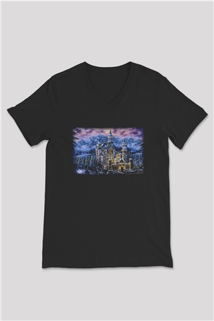 Neuschwanstein Şatosu Siyah Unisex V Yaka Tişört T-Shirt