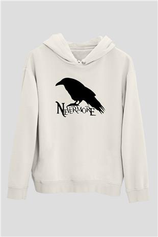 Nevermore Baskılı Beyaz Unisex Kapüşonlu Sweatshirt