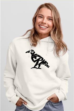 Nevermore Baskılı Beyaz Unisex Kapüşonlu Sweatshirt