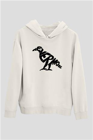 Nevermore Baskılı Beyaz Unisex Kapüşonlu Sweatshirt