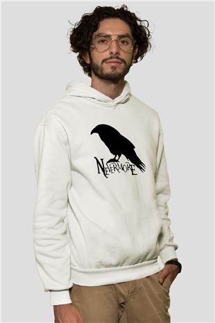 Nevermore Baskılı Beyaz Unisex Kapüşonlu Sweatshirt