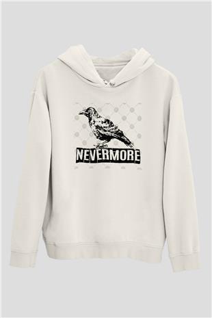 Nevermore Baskılı Beyaz Unisex Kapüşonlu Sweatshirt