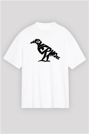 Nevermore Baskılı Beyaz Unisex Oversize Tişört - Tshirt