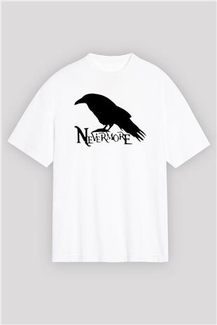 Nevermore Baskılı Beyaz Unisex Oversize Tişört - Tshirt